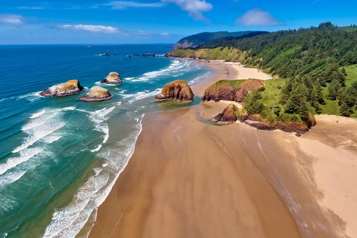 A scenic shot of waves lapping against the shore, with dramatic rock formations, sandy dunes, and lush greenery atop nearby cliffs. The tranquil mood and natural beauty evoke a sense of freedom and exploration, suggesting idyllic spots for beach runs or relaxing walks with pets.