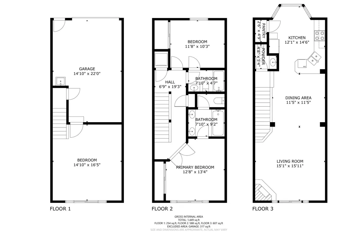 This image provides a practical overview of the lower level, showing a view that includes the garage, primary bedroom, kitchen, and living room. The garage is featured as a versatile entry point and storage area.